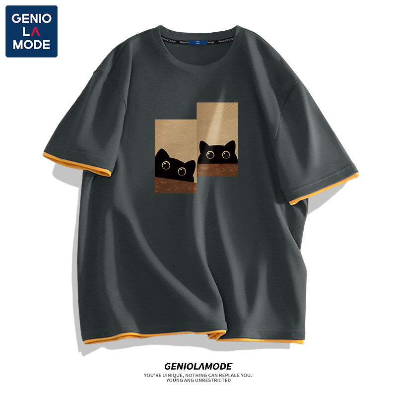 [GENIOLAMODE Series] ★T-shirt★ 4color Tops Short Sleeve Unisex Men's Large Size Cat Cat Cat Pattern Cotton