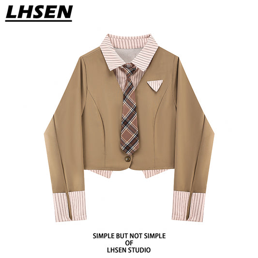 [LHSEN Series] ★Tops★ Shirt with Tie Ladies Mini Length Faux Layered Brown