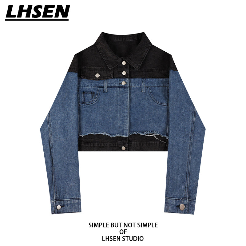 [LHSEN Series] ★Outer★ Jacket Switching Denim Easy to match with design Blue Blue