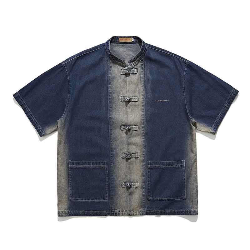 [JIWU series] ★Chinese style tops★ 2 colors Shirt Outerwear Short sleeve Denim Unisex Men's Casual Black Blue