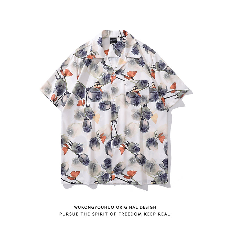 Very popular item [BEAT BOY series]★China style shirt★ Letter pattern Kanji short sleeve shirt Floral pattern shirt Print tops Unisex Men's ML XL 2XL