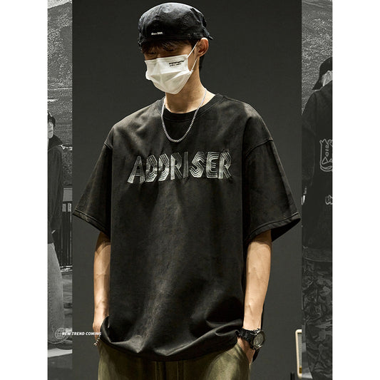 [SZON Series]★T-shirt★ 3color embroidery tops Unisex Men's Suede Black Apricot Coffee Color