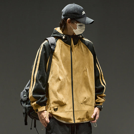 [ZHUOKAI Series] ★Jacket★ 2color outerwear, unisex, men's color scheme, hat included, vertical stripes, striped pattern