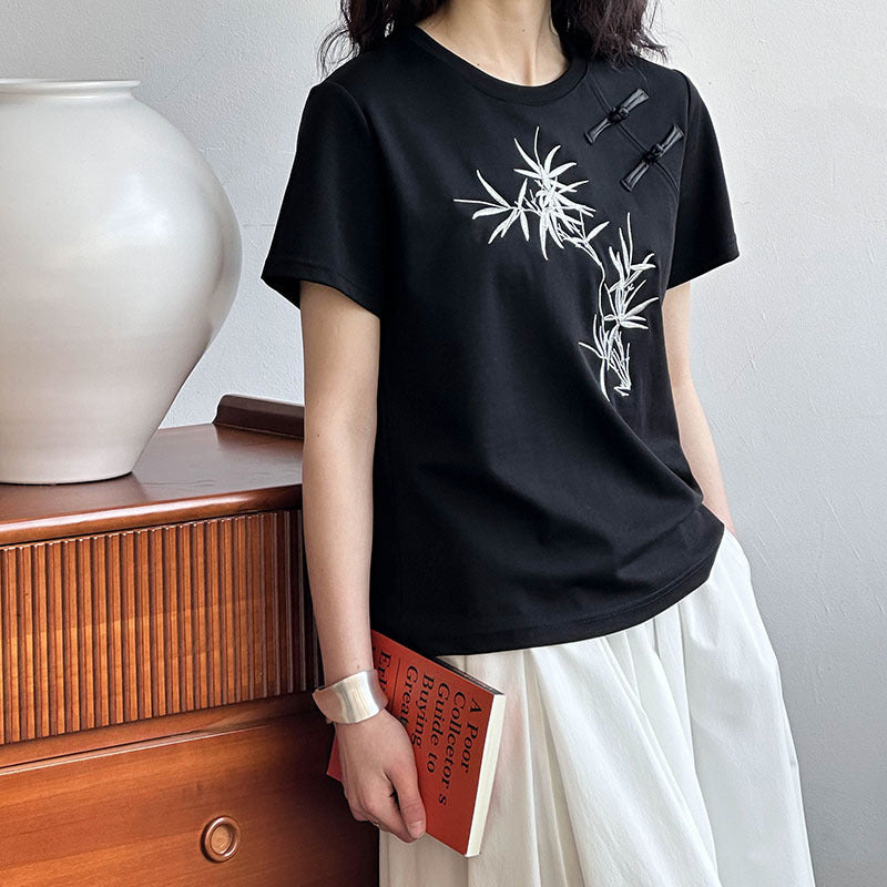 [Tachibana Series] ★China Style T-shirt★ 2color Tops Bamboo Embroidery Women's Chinese Clothing Improves Temperament Cotton