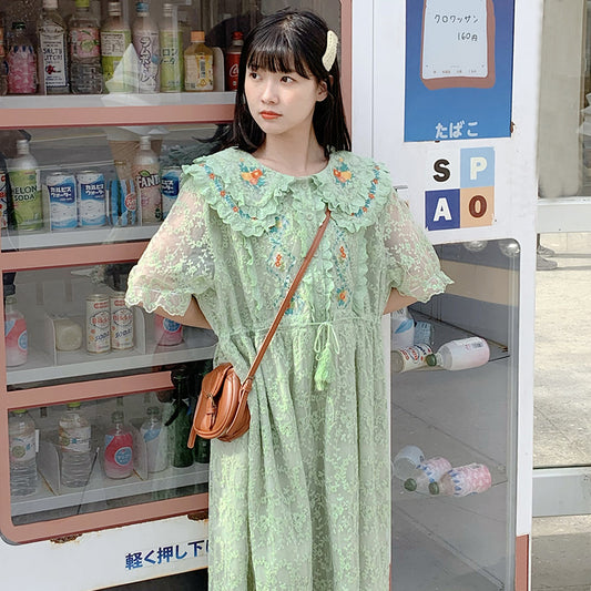 [MUCHA Series] ★One Piece★ Lace Embroidery Ladies Cute Temperament Up Date Commuting Green Green