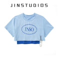 Gallery viewerに画像を読み込む, 【JIN STUDIOSシリーズ】★Tシャツ★ 3color トップス 2点セット ミニ丈 アルファベット ブラック ブルー ピンク
