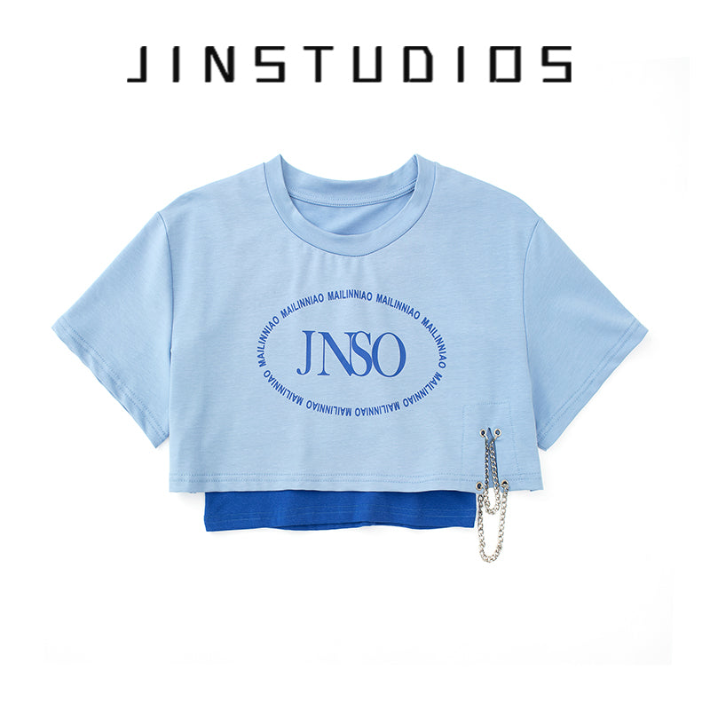 【JIN STUDIOSシリーズ】★Tシャツ★ 3color トップス 2点セット ミニ丈 アルファベット ブラック ブルー ピンク