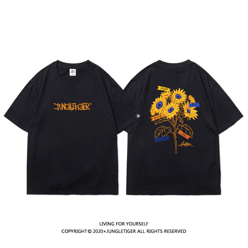 【JUNGLETIGERシリーズ】★Tシャツ★ 5color トップス 半袖 男女兼用 メンズ ひまわり 向日葵 コットン 黒 白 灰 青