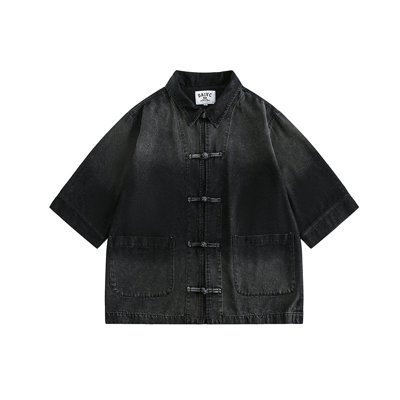 [JIWU series] ★Chinese style tops★ 2 colors Shirt Outerwear Short sleeve Denim Unisex Men's Casual Black Blue