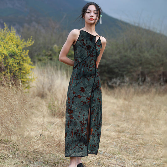 [Daiseiryuu 4 Series] ★Chinese-style dress★ Tie-dyed dress, slimming, Chinese clothing, slit, green