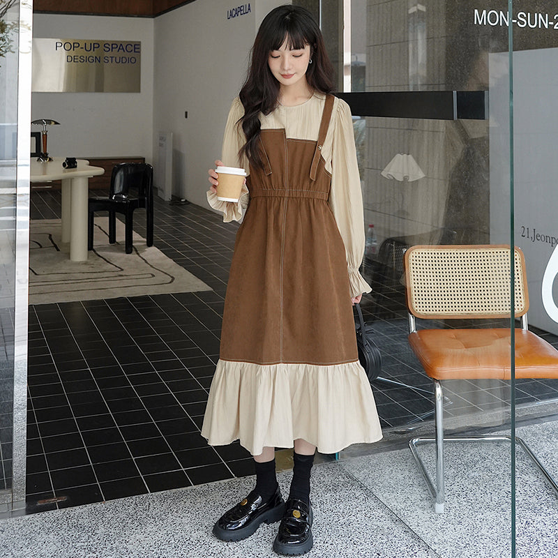 【KUKUシリーズ】★ワンピース★ フェイクレイヤード レトロ 長袖 レディース デート 秋服 合わせやすい