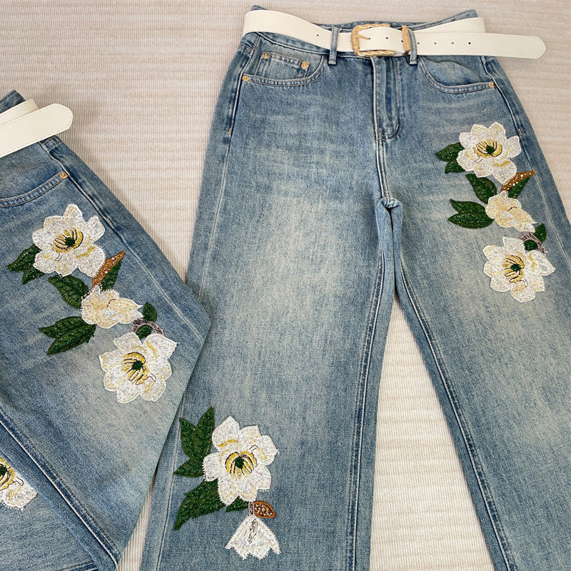 [OURI Series] ★Denim pants★ Trousers Bottoms Floral pattern Casual Easy to match Ladies Fashionable