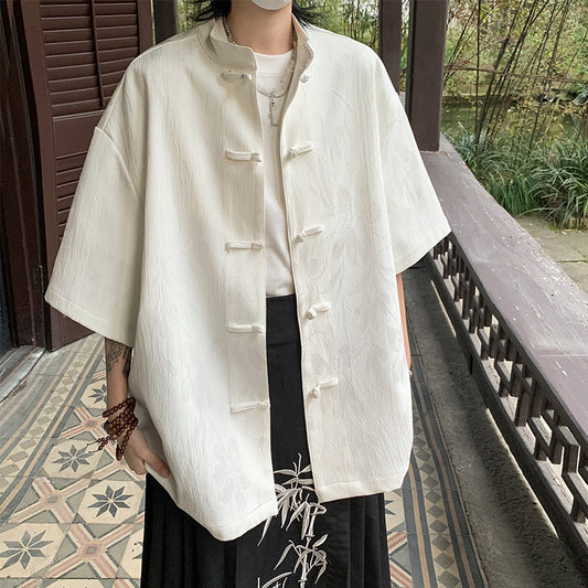 [BIGEMAN Series] ★China style tops★ 2color shirt, bamboo pattern, bamboo, short sleeves, unisex, men's, large size, black white