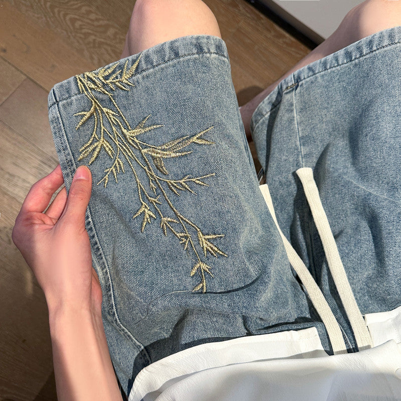 [SENSU Series] ★Chinese-style pants★ 3 colors, embroidered shorts, short pants, bottoms, unisex, men's, large size, denim