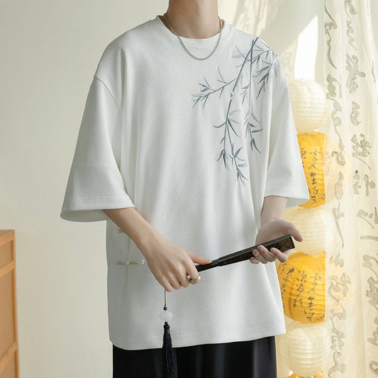 [BIGEMAN Series] ★China style tops★ 2color shirt, bamboo pattern, bamboo, short sleeves, unisex, men's, large size, black white