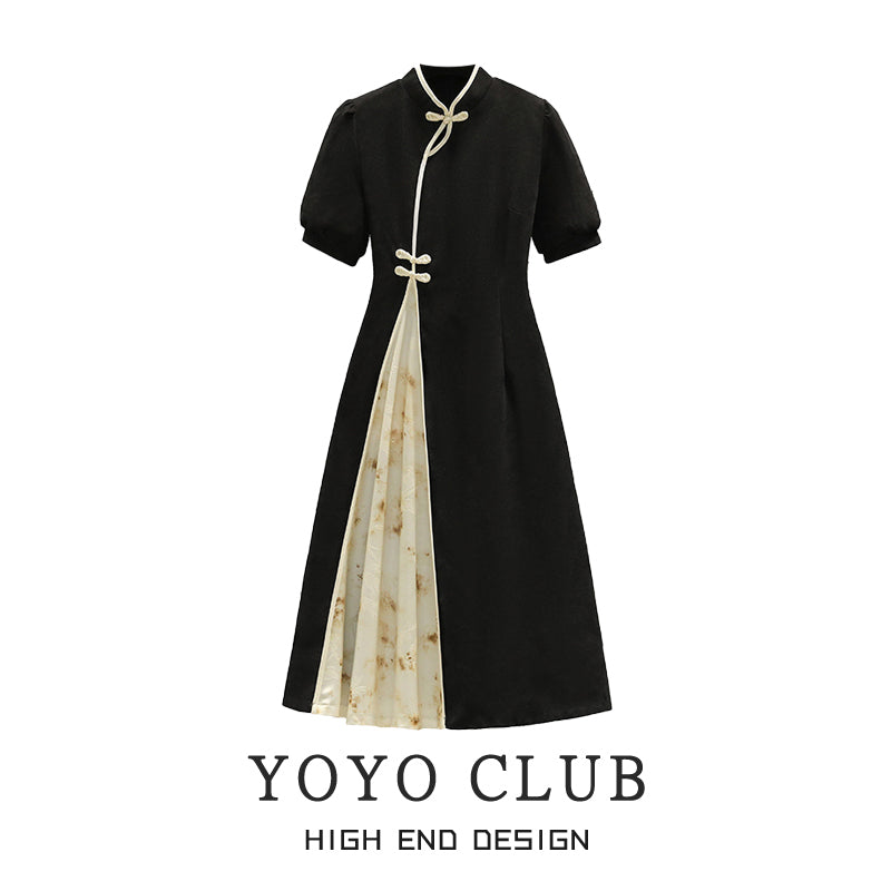 【YOYO CLUBシリーズ】★チャイナ風ワンピース★ チャイナドレス フェイクレイヤード 切り替え 気質アップ 黒