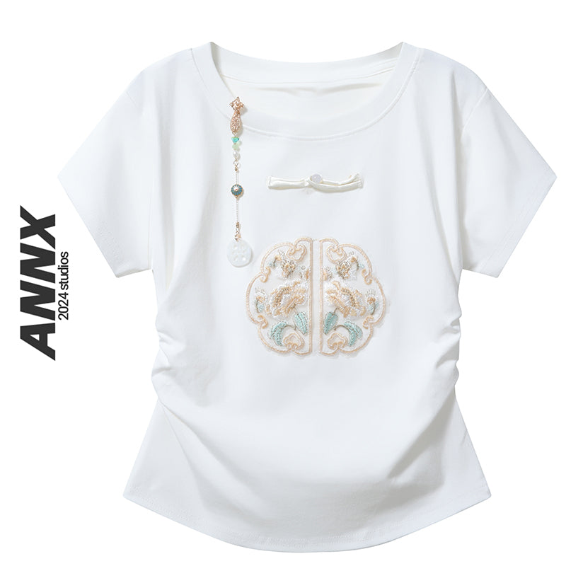 [ANNX Series]★China Style T-shirt★ 2color Tops Women's Chinese Clothing Improves Temperament Embroidery Chinese Button