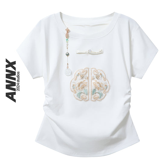 [ANNX Series]★China Style T-shirt★ 2color Tops Women's Chinese Clothing Improves Temperament Embroidery Chinese Button