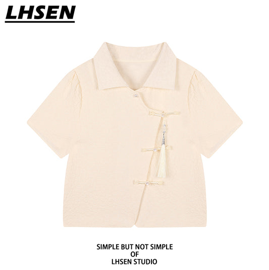 [LHSEN series] ★Chinese style top★ Embroidered T-shirt Easy to match Slimming Black Short length