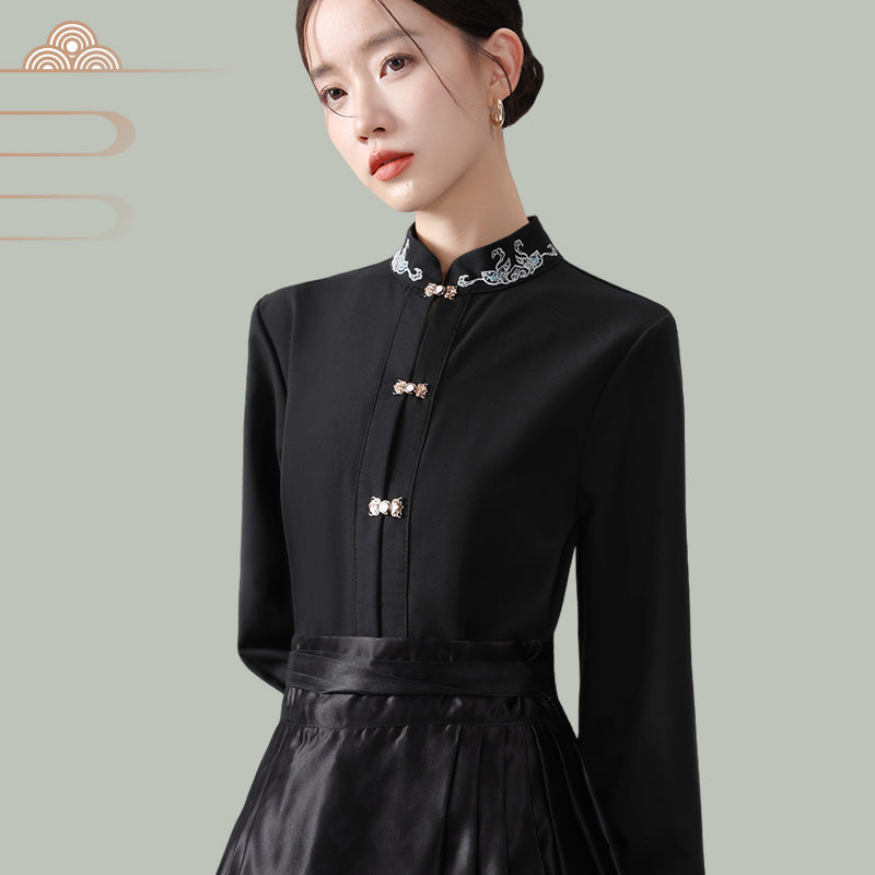 [AIIF Series]★Chinese Style Tops★ 2color Long Sleeve Shirt Chinese Clothes Easy to Match Shirt Black White