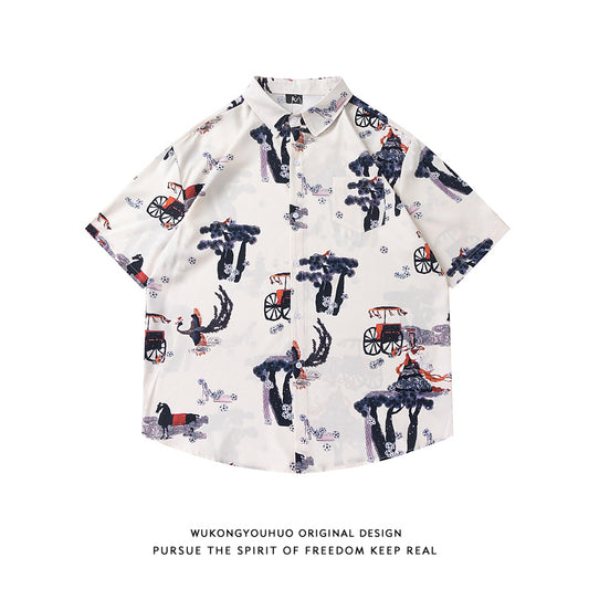 Very popular item [BEAT BOY series]★China style shirt★ Letter pattern Kanji short sleeve shirt Floral pattern shirt Print tops Unisex Men's ML XL 2XL