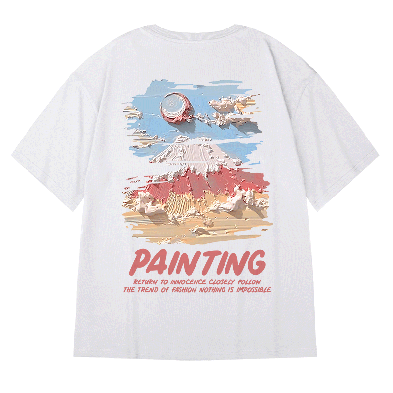 【MOYANシリーズ】★Tシャツ★ 綿100％ 厚て 3color トップス 油絵風 男女兼用 メンズ 大きいサイズ 黒 白 アプリコット