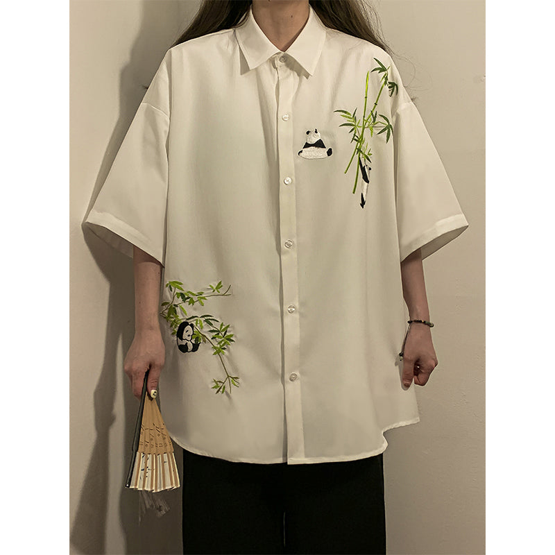 [SENSU series] ★Chinese style shirt★ 2 colors Tops Short sleeve shirt Unisex Men's Large size Panda Bamboo Embroidery Cool Summer clothes Black White