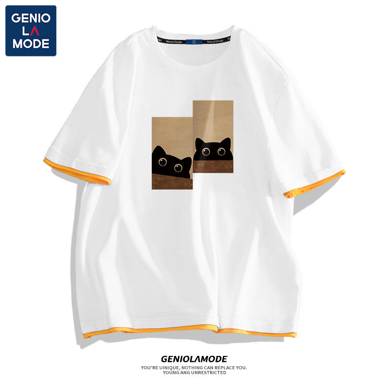 [GENIOLAMODE Series] ★T-shirt★ 4color Tops Short Sleeve Unisex Men's Large Size Cat Cat Cat Pattern Cotton