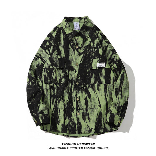 [KUBA Series]★Shirt★ 2color Tops Long Sleeve Shirt Unisex Men's Tie-dye Black Green