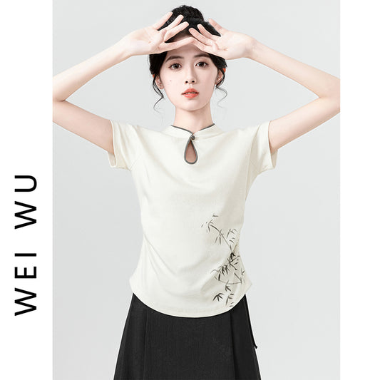 [WEIWU series] ★Chinese style tops★ 2 colors Short sleeve T-shirts for women Easy to match Slimming Cute