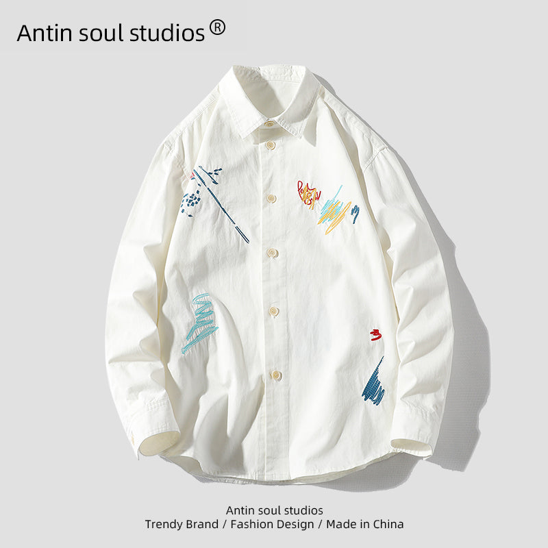 【Antin soulシリーズ】★シャツ★ 2color トップス 男女兼用 メンズ 落書き ブラック ホワイト 大きいサイズ