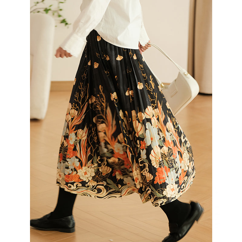 [XIAOER Series]★China style skirt★ 3color floral pattern skirt bottoms elastic waist, easy to match for commuting, dates