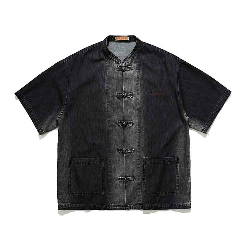 [JIWU series] ★Chinese style tops★ 2 colors Shirt Outerwear Short sleeve Denim Unisex Men's Casual Black Blue