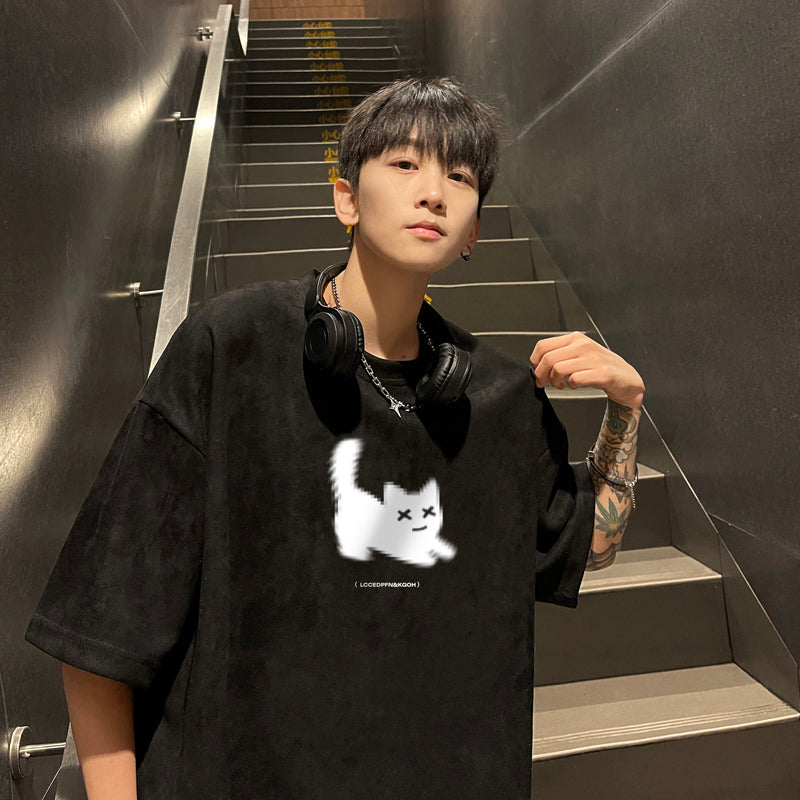 【NANSHIシリーズ】★Tシャツ★ 5color トップス 半袖 男女兼用 メンズ 大きいサイズ スエード 猫 猫柄 ねこ ネコ