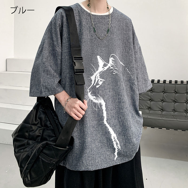 【WUSHEシリーズ】★チャイナ風トップス★ 3color Tシャツ 半袖 男女兼用 メンズ 大きいサイズ コットンリネン 猫 猫柄 ねこ ネコ