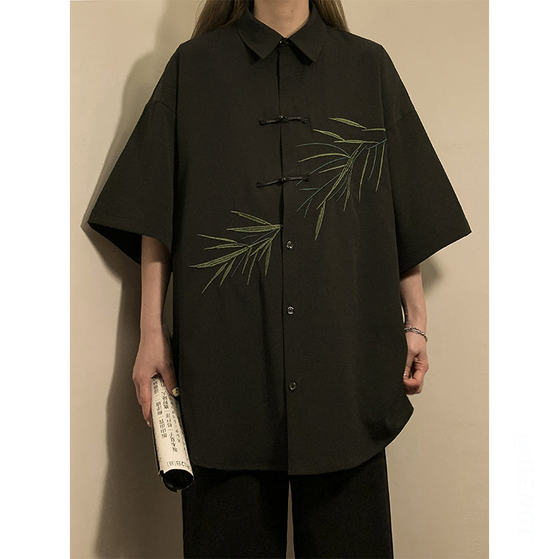 [BENGE Series] ★Chinese-style shirt★ 2 colors Tops Short-sleeved shirt Unisex Men's Large size Black White Embroidery