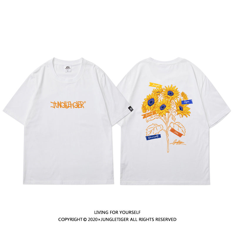 【JUNGLETIGERシリーズ】★Tシャツ★ 5color トップス 半袖 男女兼用 メンズ ひまわり 向日葵 コットン 黒 白 灰 青