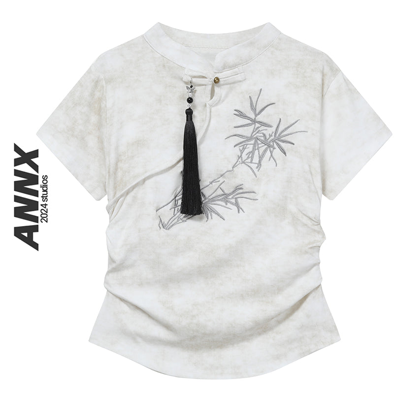 [ANNX Series]★Chinese T-shirt★ 2color Tops Women's Chinese Clothes Improves Temperament Embroidery Black White