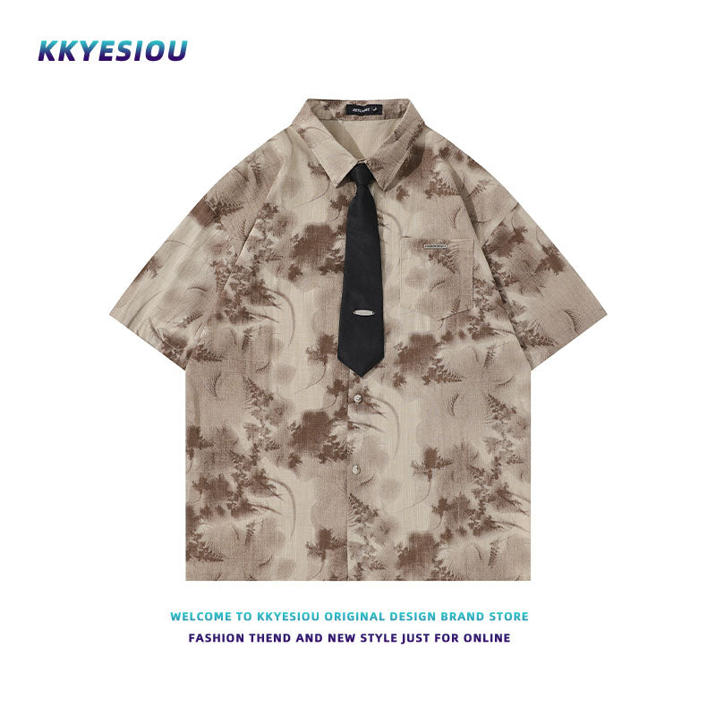 【KKYESIOUシリーズ】★チャイナ風トップス★ 2color ネクタイ付きシャツ 水墨柄 半袖シャツ 花柄 男女兼用 メンズ 個性的