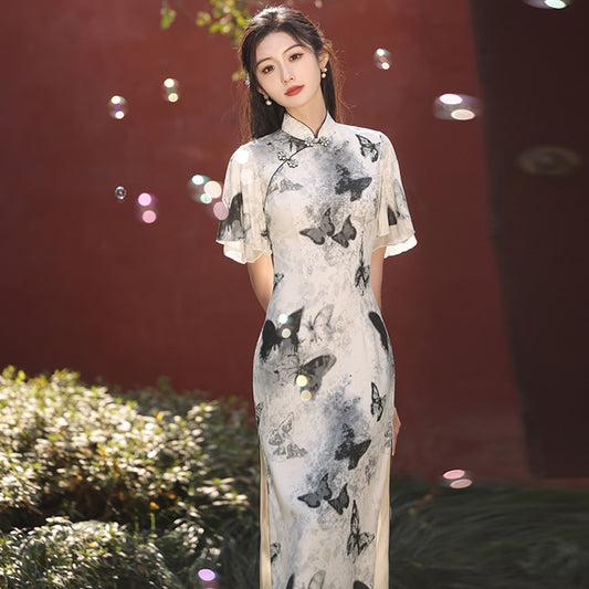 [YUQINGKE Series] ★Cheongsam dress★ Chinese style dress, short sleeves, long length, bamboo pattern, retro, improves your temperament