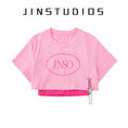 Gallery viewerに画像を読み込む, 【JIN STUDIOSシリーズ】★Tシャツ★ 3color トップス 2点セット ミニ丈 アルファベット ブラック ブルー ピンク
