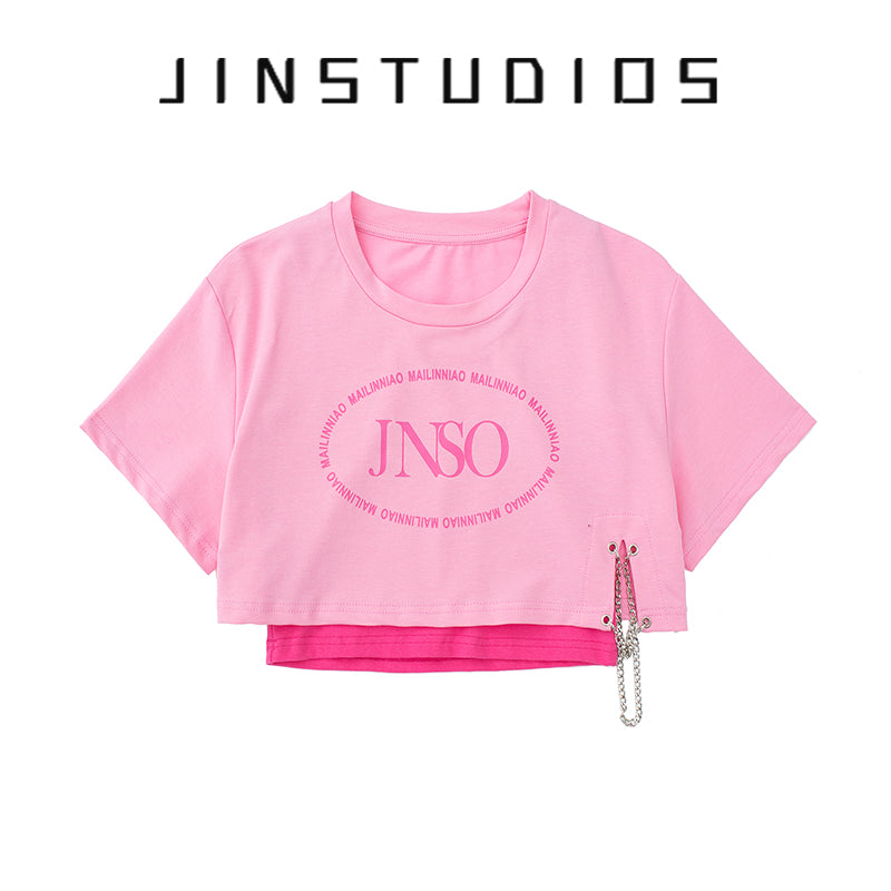 【JIN STUDIOSシリーズ】★Tシャツ★ 3color トップス 2点セット ミニ丈 アルファベット ブラック ブルー ピンク