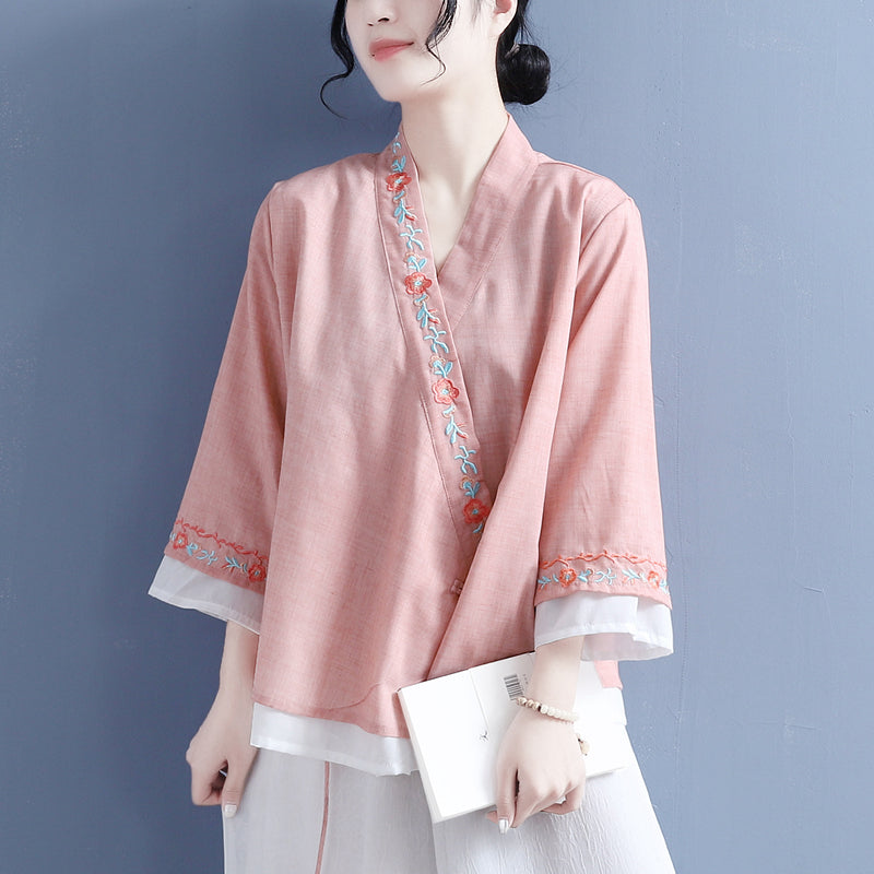 [Qing Series]★China style shirt★ Tops 5 colors White Pink Blue Purple Blue Green V-neck Embroidery Three-quarter sleeves