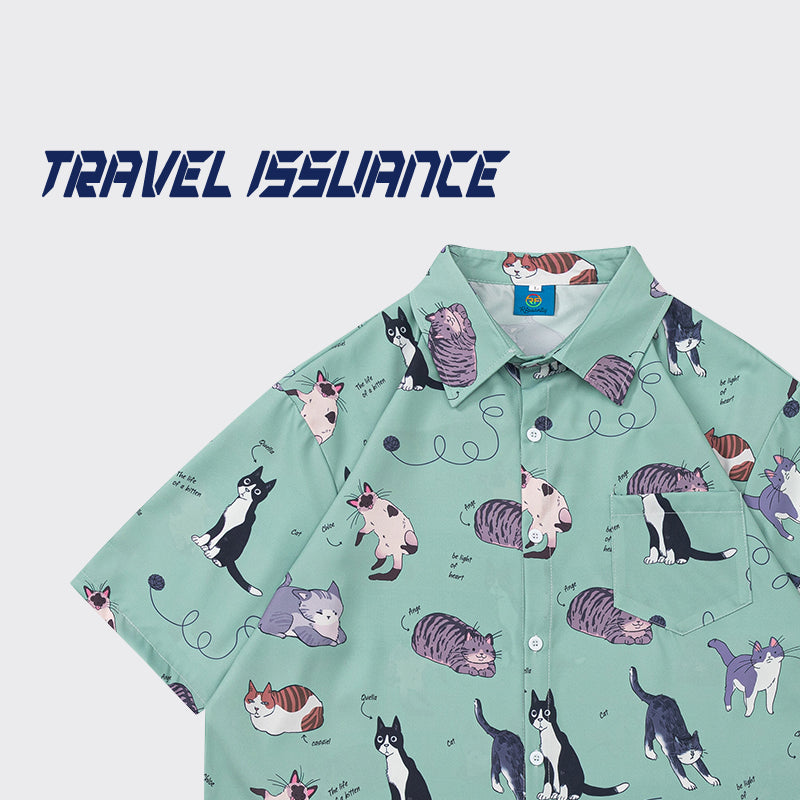 【TRAVEL ISSUANCEシリーズ】★シャツ★ 3color 半袖シャツ プリント トップス 男女兼用 メンズ M L XL 2XL 猫 ねこ ネコ