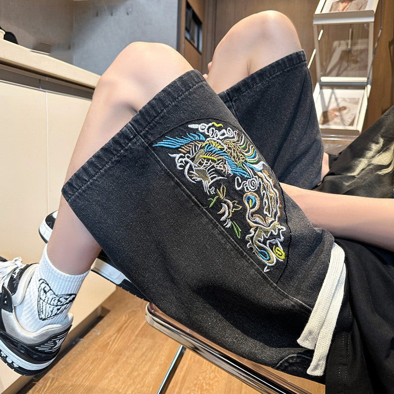 【WRZBシリーズ】★チャイナ風ズボン★ 2color 刺繍 短パン ショートパンツ ボトムス 男女兼用 メンズ 大きいサイズ デニム