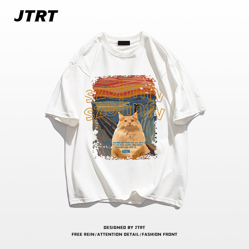 【JTRTシリーズ】★Tシャツ★ 9color トップス 半袖 男女兼用 メンズ 大きいサイズ コットン 油絵風 猫 ねこ ネコ 猫柄