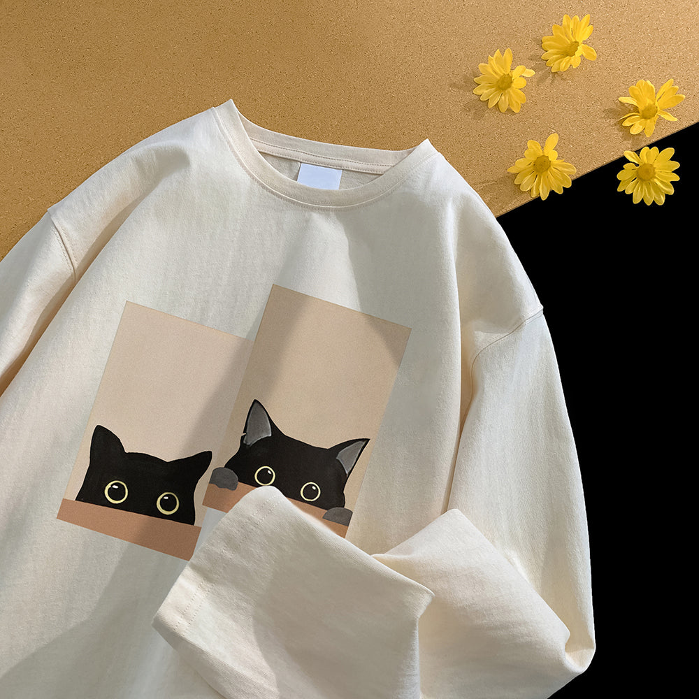 【SENSUシリーズ】★Tシャツ★ 5color 長袖Tシャツ 男女兼用 メンズ 大きいサイズ 猫 ねこ プリント コットン