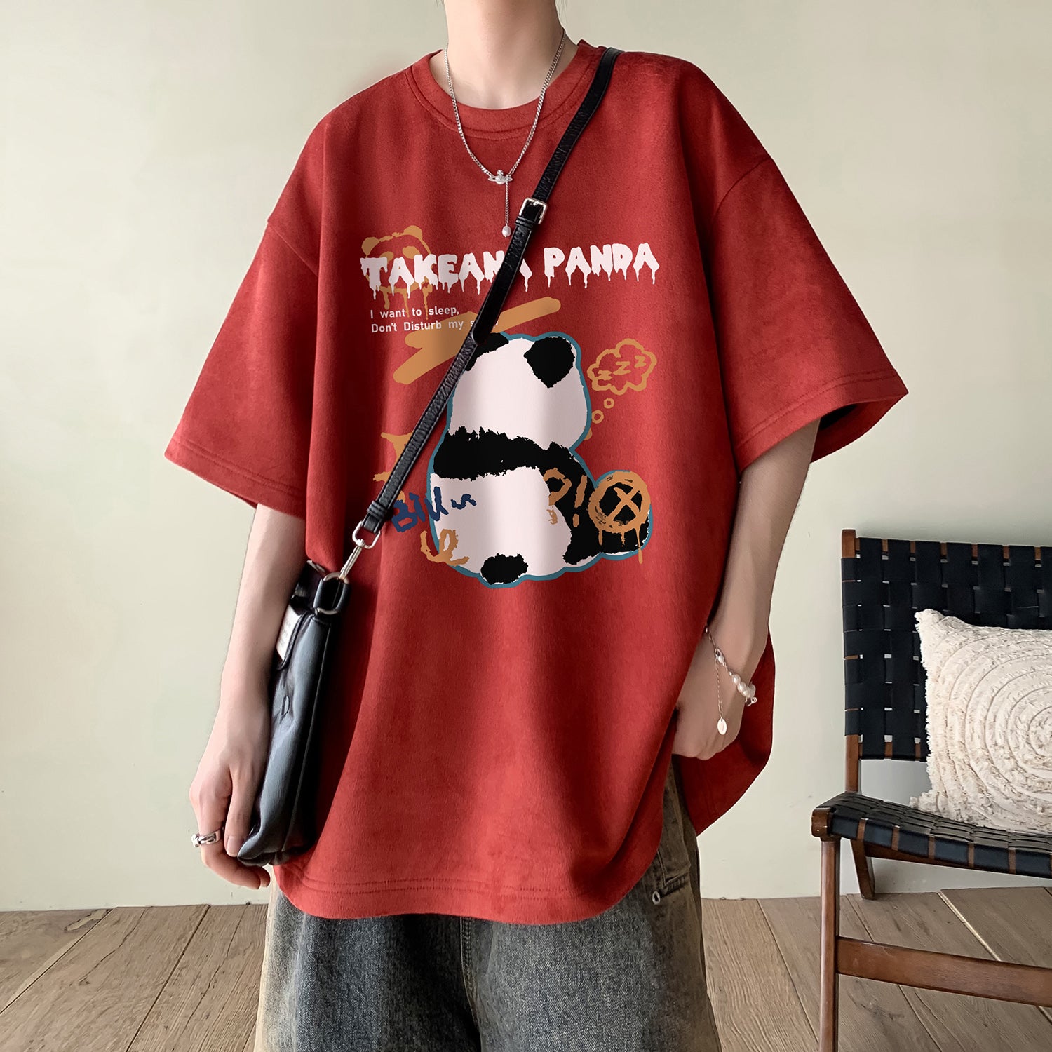 [SENSU Series]★T-shirt★ 9color Tops Short Sleeve Panda Unisex Men's Large Size Black White Red Green Gray Purple