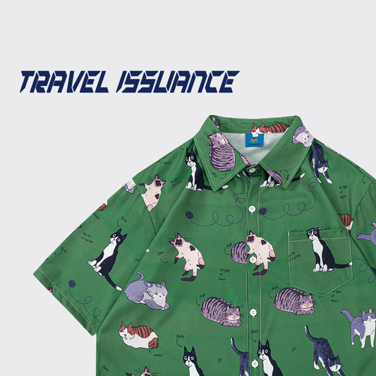 【TRAVEL ISSUANCEシリーズ】★シャツ★ 3color 半袖シャツ プリント トップス 男女兼用 メンズ M L XL 2XL 猫 ねこ ネコ