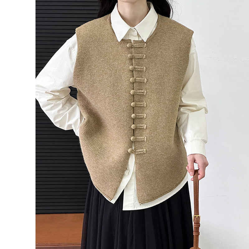 [Tachibana Series] ★China style tops★ 4color Vest Knit Ladies Improves temperament Black Gray Light Green Brown